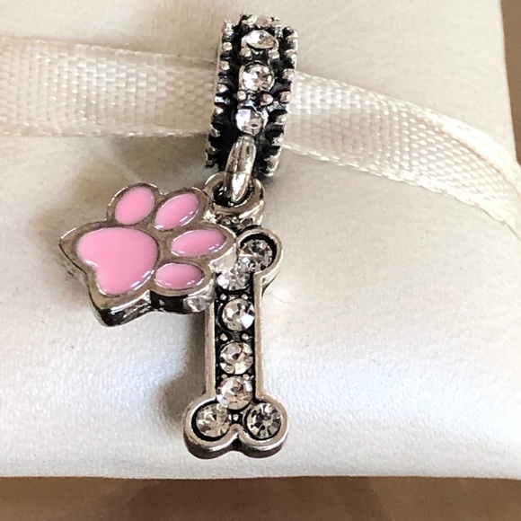 Jewelry - Dog paw charm with bone silver& pink Dangles